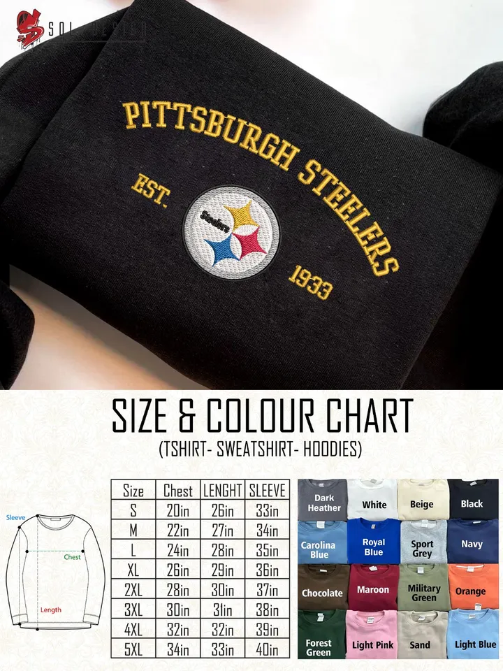 NFL Pittsburgh Steelers Est 1933 Embroidered Sweatshirt, NFL Pittsburgh Steelers Team Embroidered Shirt, Unisex Game Day Crewneck, Football Fan Gift Tee