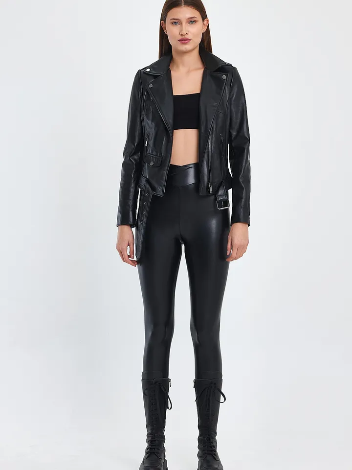 Women Biker Black Leather Jacket