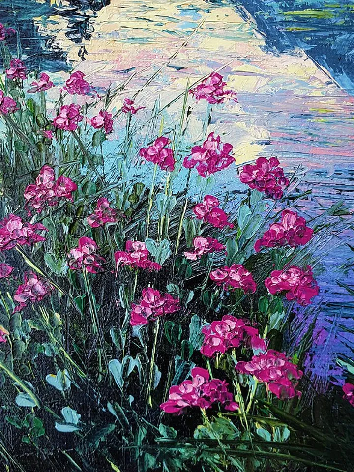 Mountain Painting Lake Original Art Sunset Artwork Landscape Impasto Painting