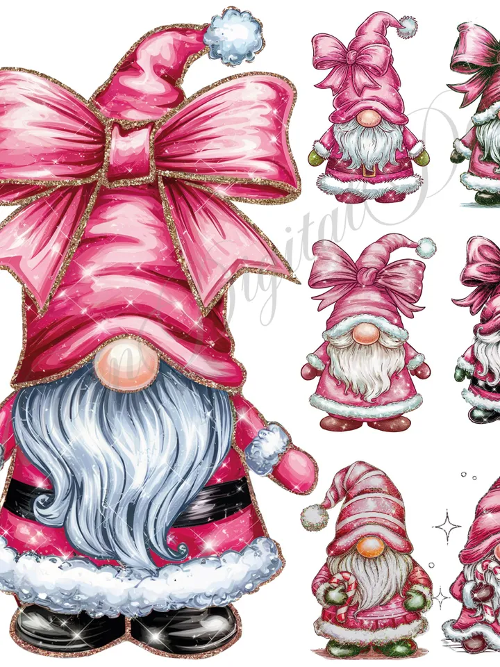Pink Christmas Gnome clipart bundle, Christmas clipart, Winter gnome png graphics, Christmas sublimation, Transparent background, Coquette