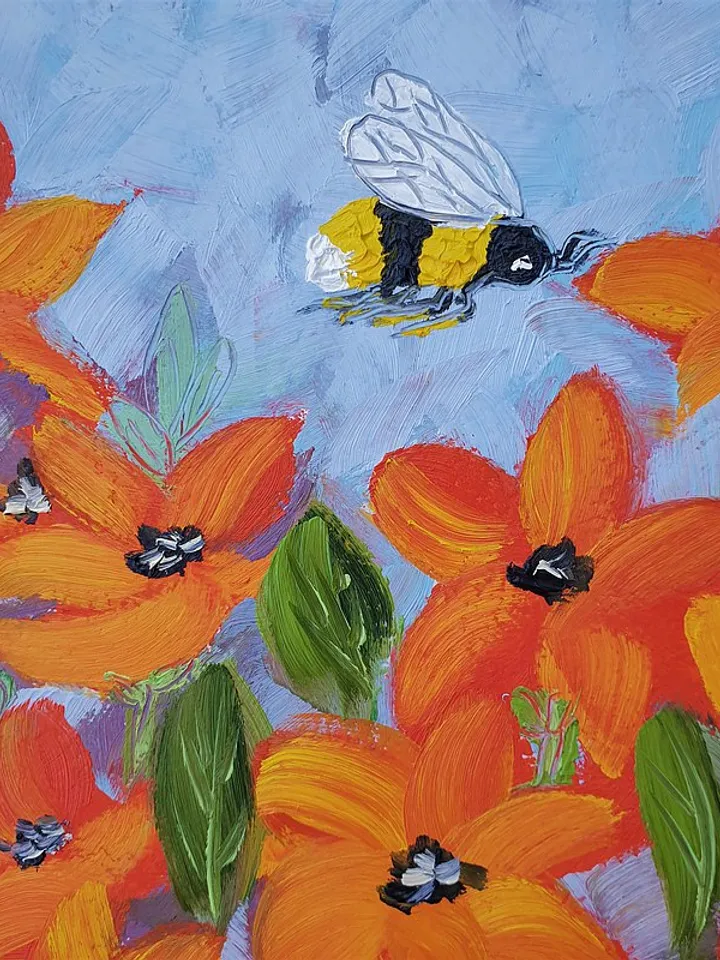 Bee Painting Poppy Original Art Floral Wall Art Flower Oil Painting
