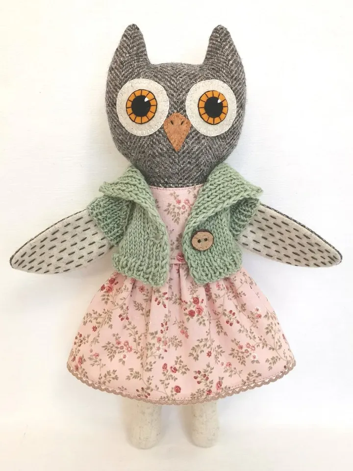 Owl girl, plush stuffed doll, handmade textile bird toy, owl soft toy