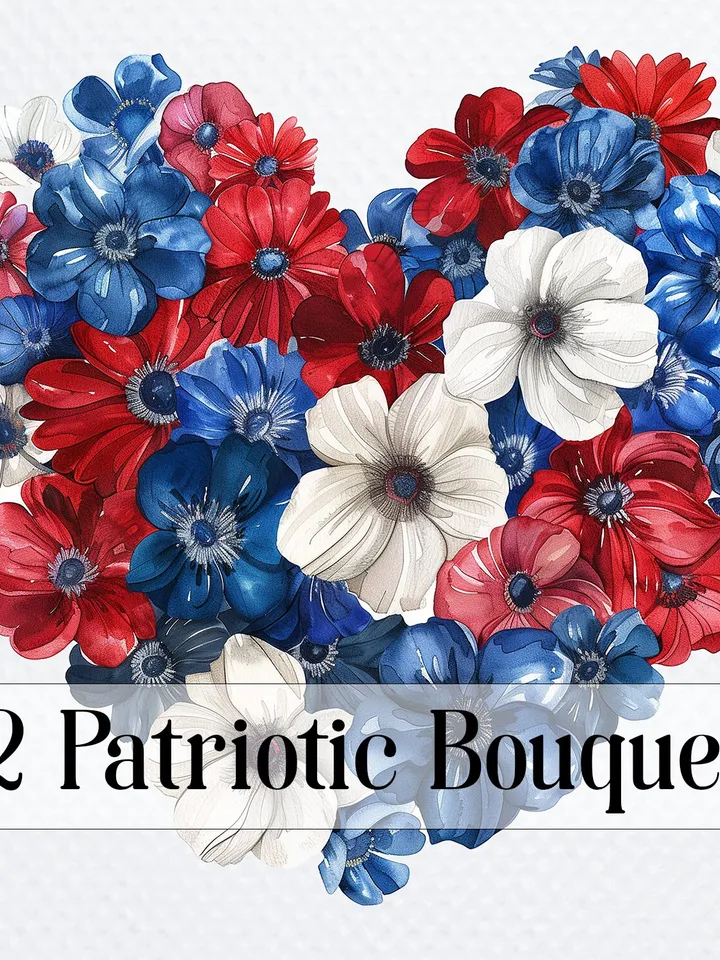 22 Patriotic bouquets PNG Bundle, Printable Watercolor American USA Bouquet for sublimation, 4th of july clipart, Paper craft, junk journal