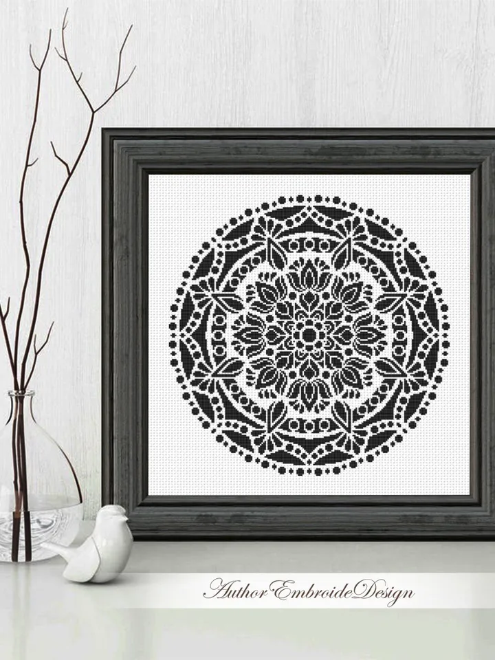 Black mandala cross stitch pattern PDF instant download Mandala ornament cross stitch chart, Monochrome mandala pattern digital PDF #M281