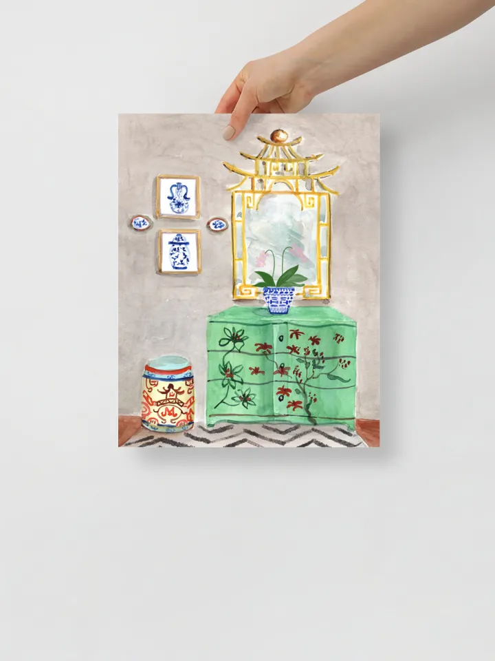 Chinoiserie Decor Watercolor Painting Print Green Chinoiserie Wall Art Painting Of Interior Ginger Jar Impressionist Art Christmas Art Gift