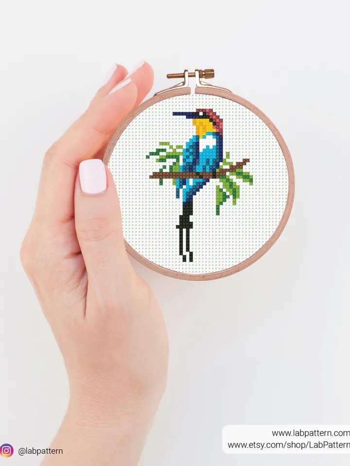Small Bee-eater bird Cross stitch pattern PDF, Mini bird embroidery, beginner counted, Modern chart, DIY, embroidery, instant Download