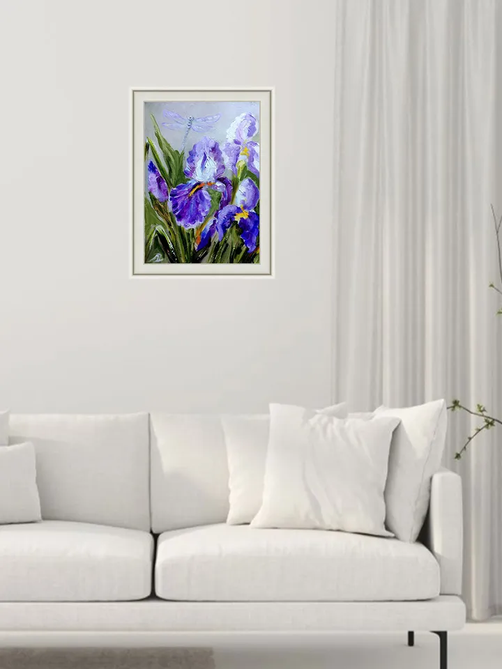 Irises Dragonfly Painting Original Art Impasto Oil Painting Canvas Painting