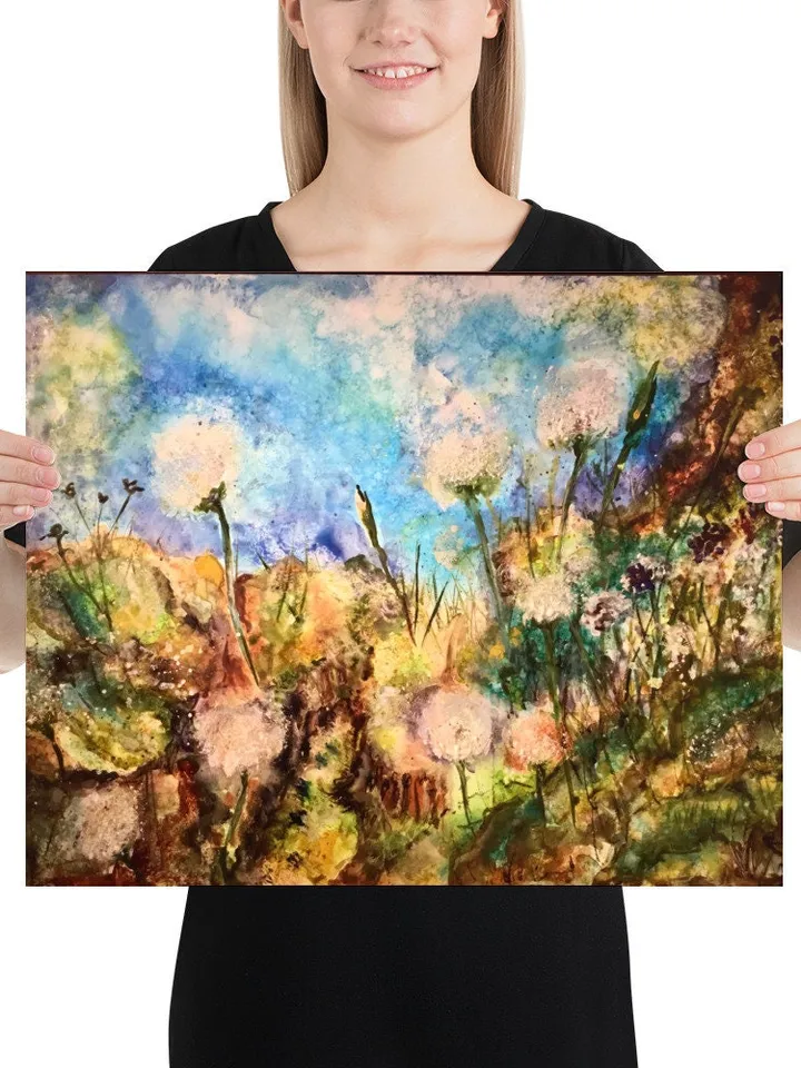 Dandelions Poster from my original mix media artwork on yupo paper,dandelions landscape wall art,home decoration,unique gift.