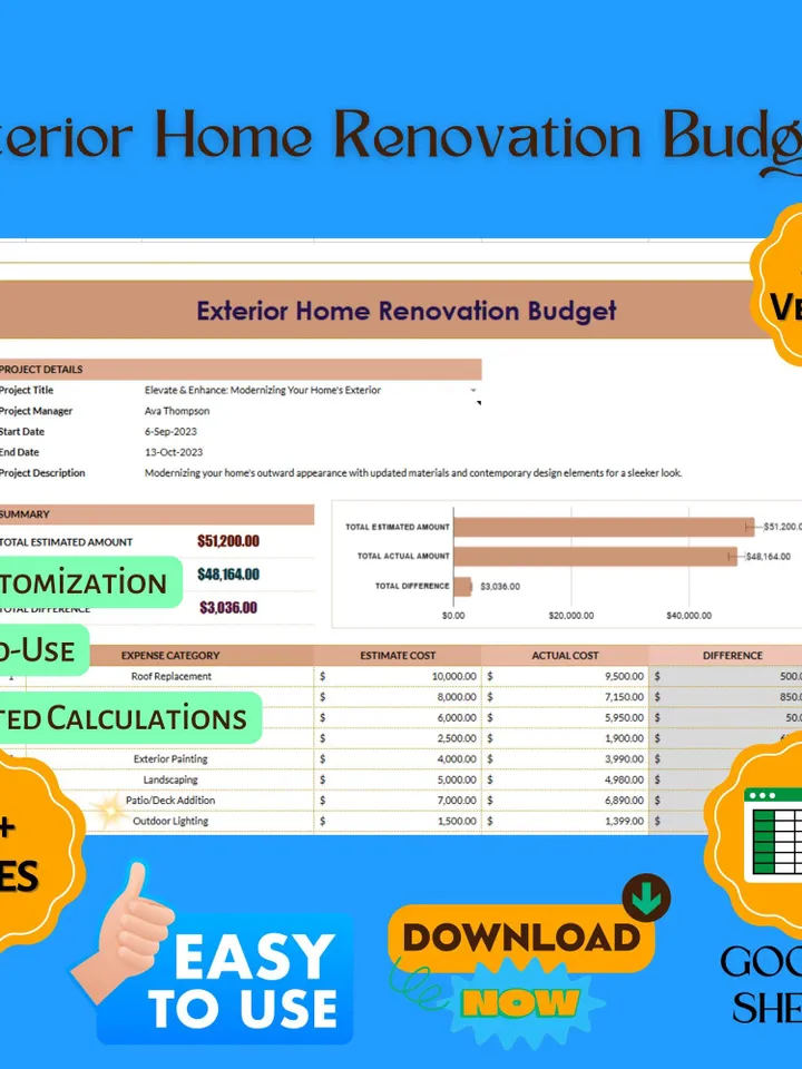 Exterior Home Renovation Budget Template, Outdoor Remodel Cost Tracker, Home Upgrade Expense Planner, Renovation Budget Spreadsheet