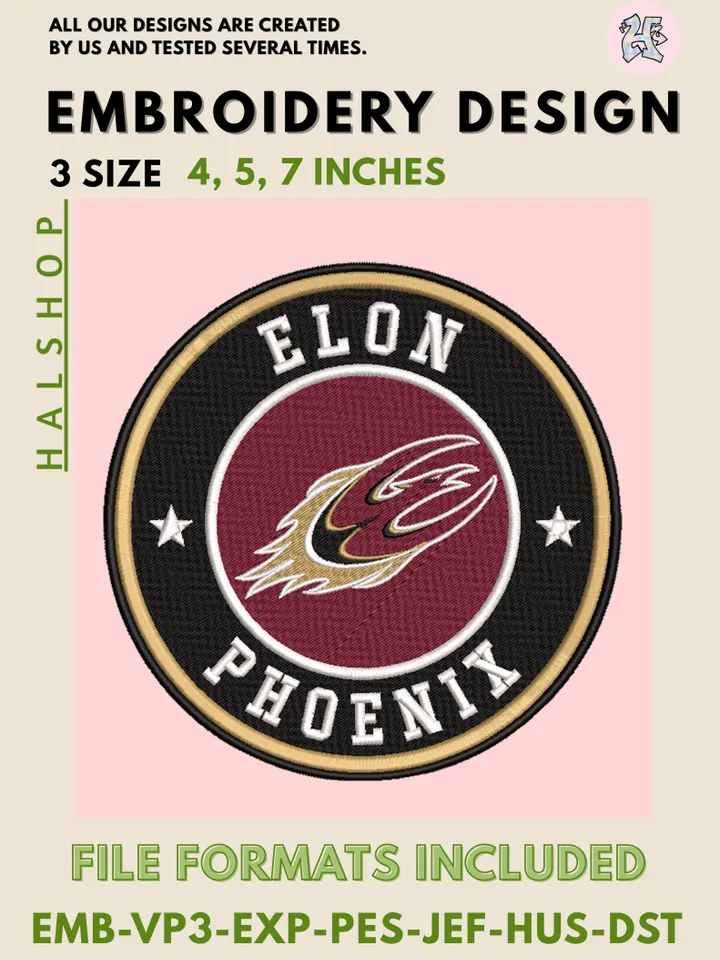 NCAA Elon Phoenix Logo Embroidery Design, College Team Machine Embroidery Files, Digital Download