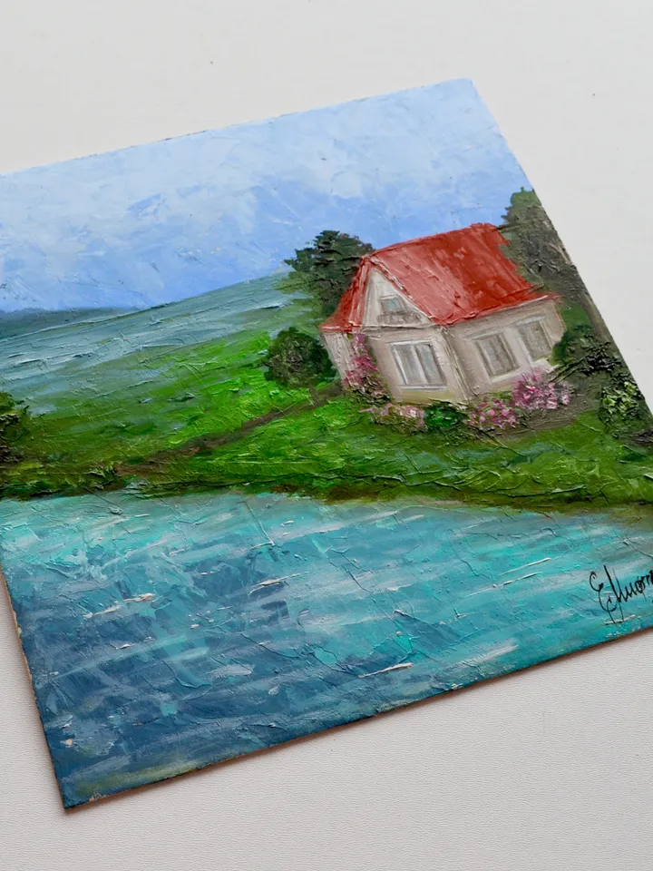 Farmhouse by River Painting Original Painting River Landscape Oil Painting Village Landscape Floral Painting House Painting Small 8 by 8