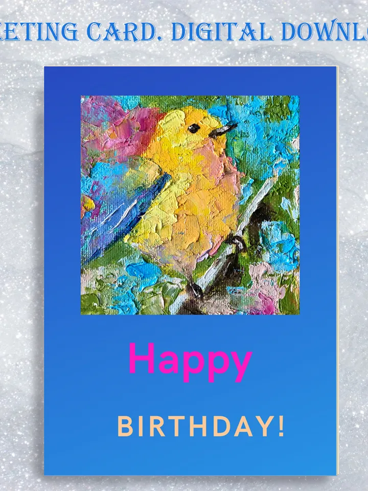 Digital Greeting Card, Happy Birthday card, Goldfinch postcard, Printable bird, Birthday E-Card
