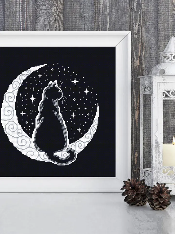 Cat moon cross stitch pattern PDF download Silhouette cat cross stitch chart, Crescent moon pattern digital PDF, Cat lover gift #K52