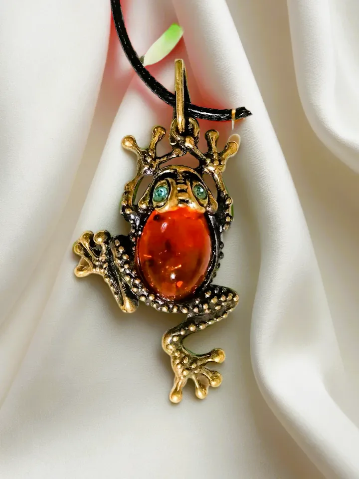 Frog Animal Necklace Gold Brass with Amber pendant Nature lovers gift for friend woman children funny jewelry