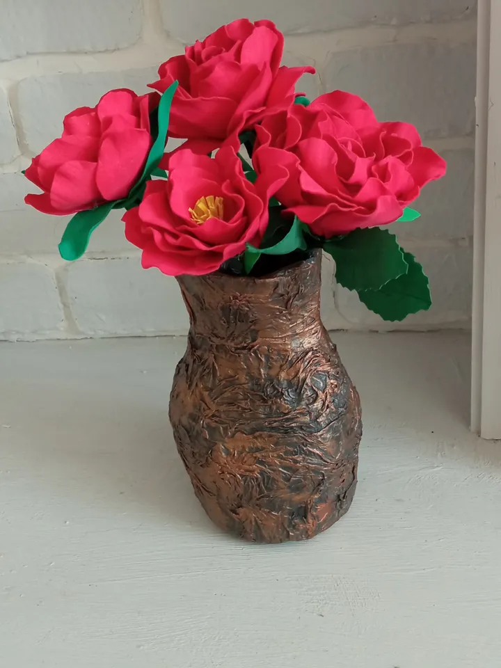 5 handmade red roses in a vase. Gifts for mom Gifts for her Home decor indoor Christmas presents