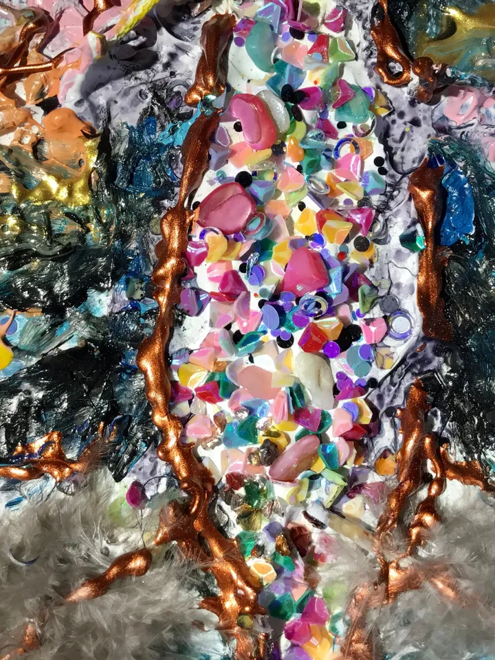 Abstract butterfly mix media painting on round canvas,original artwork,oil,acrylic feathers and beads decorated,unique home decoration ,gift