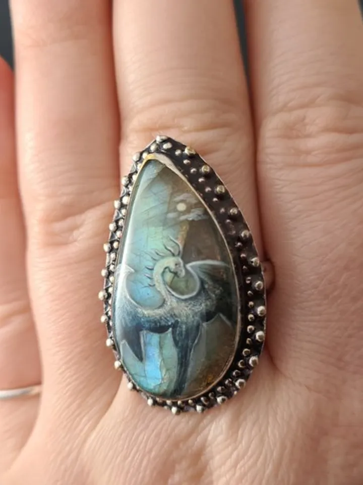 Dragon ring Labradorite ring Stone painting dragon Aaa large labradorite ring