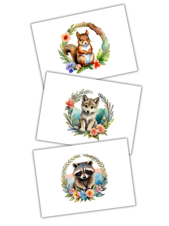 Watercolor cliparts of baby animals, 12 postcards