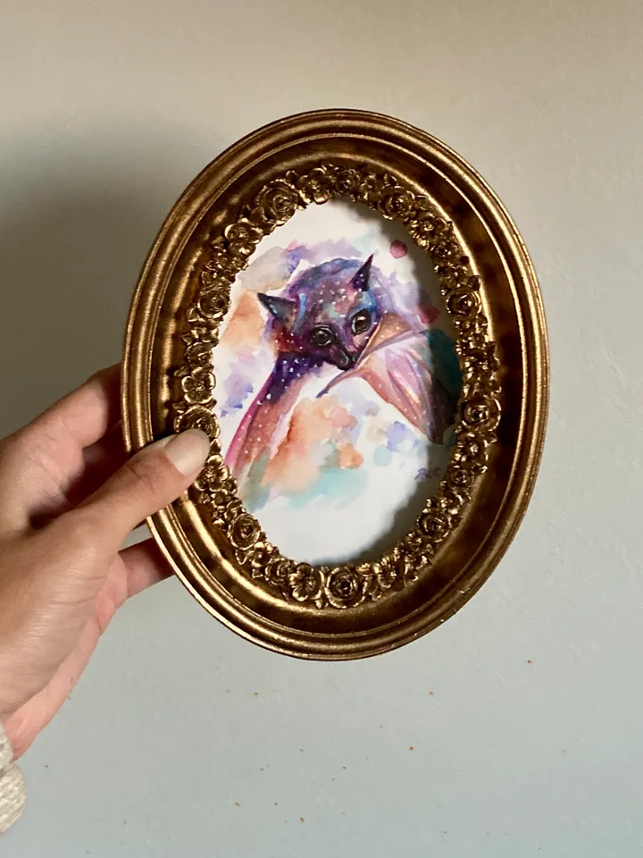 Framed Bat Watercolor Painting Original Cute Bat Art Wild Animals Decor Whimsigoth Art