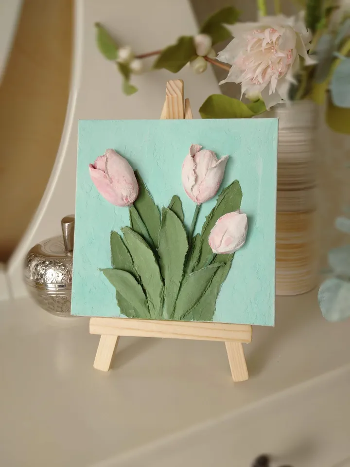 Set of canvas paintings of Lilies of the valley and tulips on easel Mothers gift Mini canvas painting of pink tulips on easel for Mother's Day Floral painting on easel Gift for woman Spring flowers