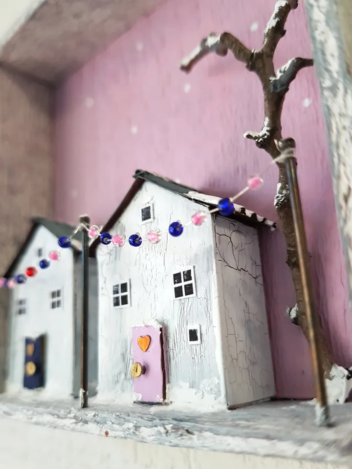 Miniature Christmas Houses Shadow Box 3D painting