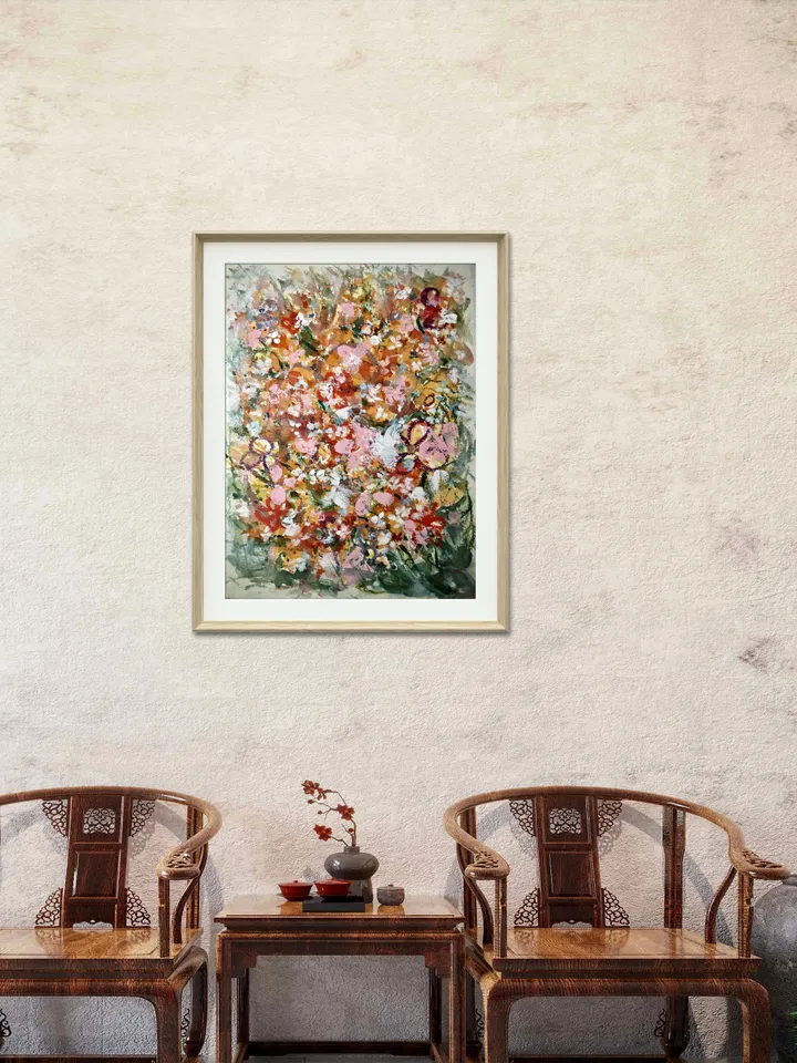 Lost in the meadows,original mix media watercolor and acrylic artwork on watercolor paper, pink floral modern home decoration,handmade gift.