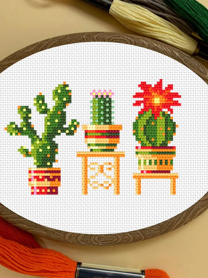 Cactus plant cross stitch pattern download PDF, Floral cross stitch chart, Potted plants embroidery PDF, Easy small cross stitch #P21