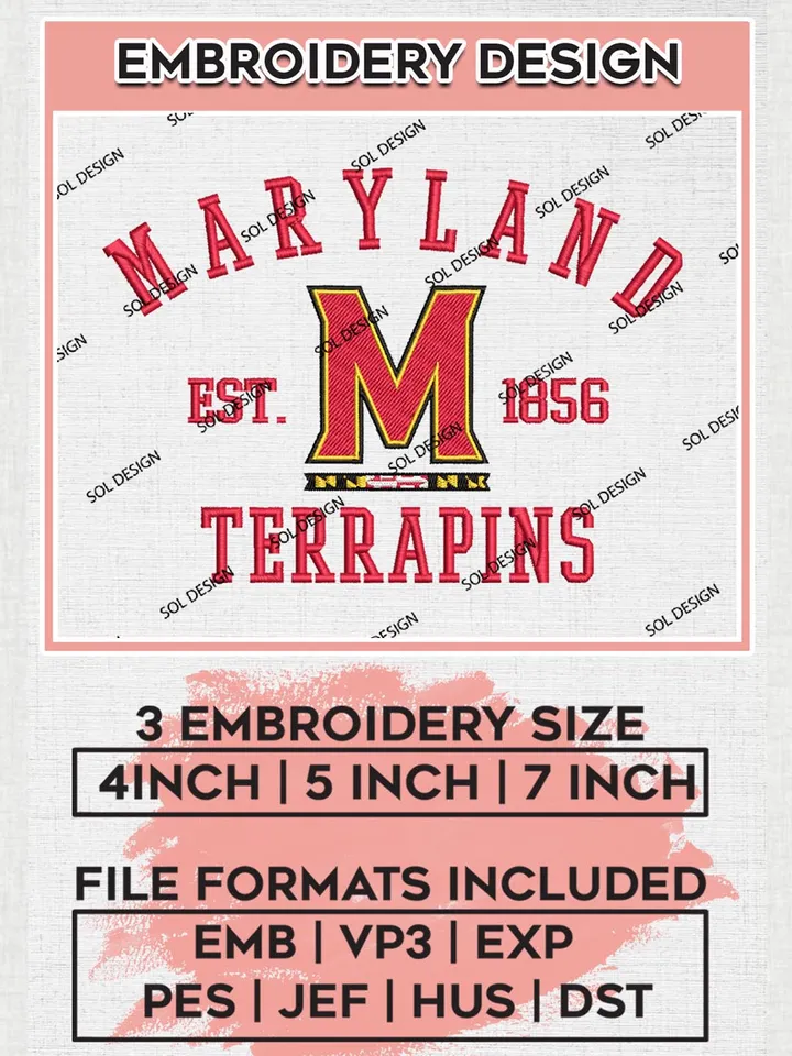 Maryland Terrapins Est 1856 Logo Embroidery Designs, NCAA Maryland Terrapins Team Embroidery, NCAA Team Logo, 3 sizes, Machine embroidery Files, Digital Download