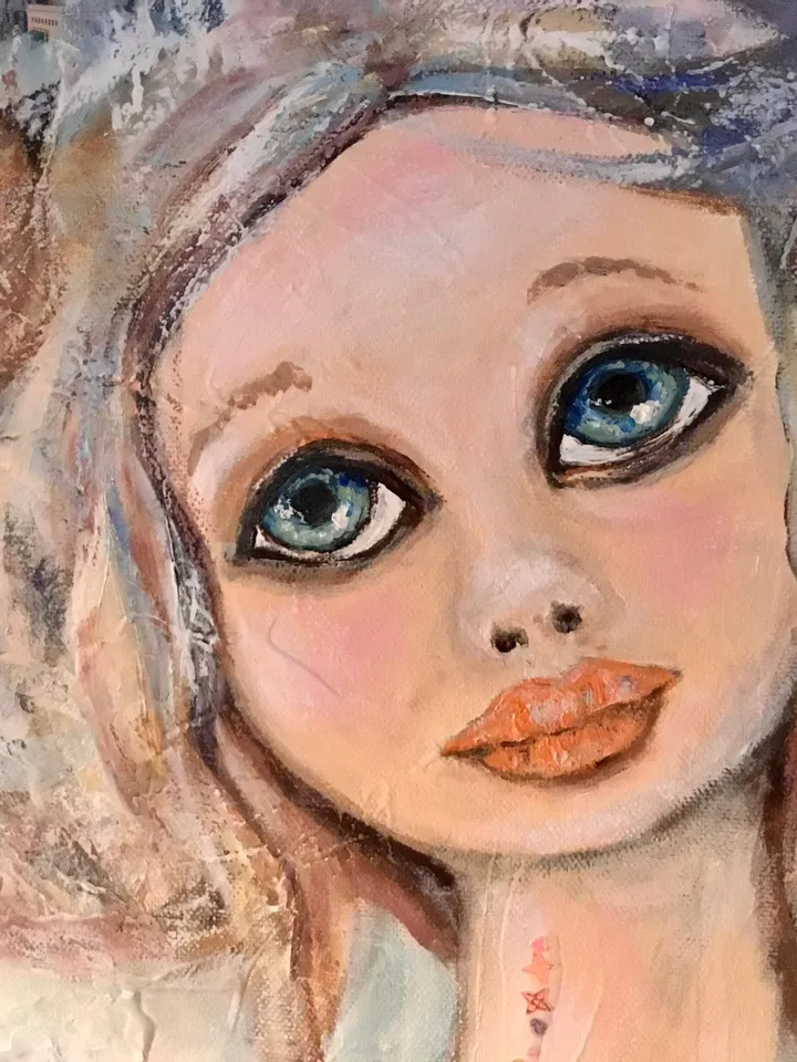 Lucky dreamer- mix media doll and birds painting on stretched canvas,original painting,one of a kind.