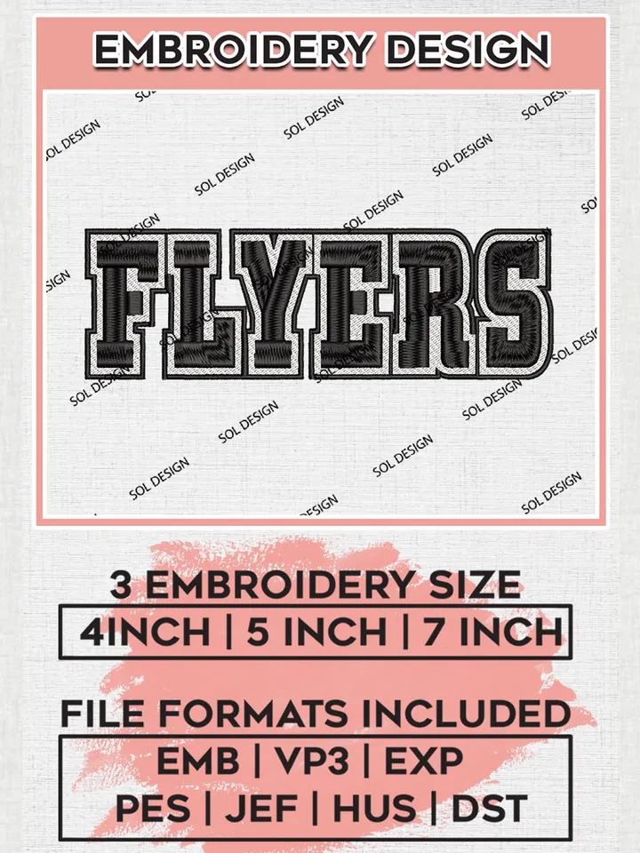 NHL Flyers Wordmark Logo Embroidery Files, NHL Philadelphia Flyers Team Embroidery Designs,  NHL Embroidery Designs, NHL Machine Embroidery Designs, Digital Download
