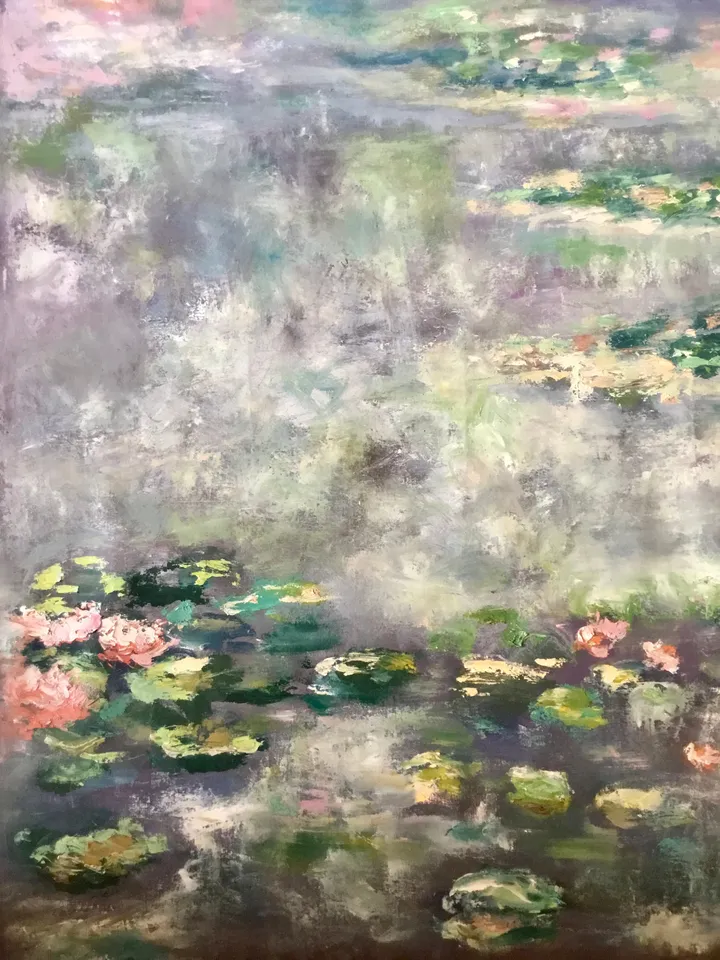 Waterlillies pond large canvas,original oil painting on unstretched canvas,Monet inspired,foggy landscape,home decoration wall hanging.