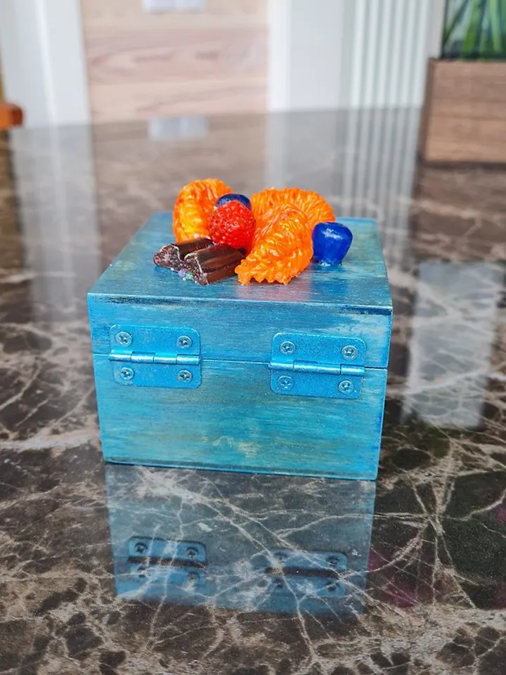 Handmade jewelry box Blue ring box One of a kind Fruits decor on lid Velvet roll