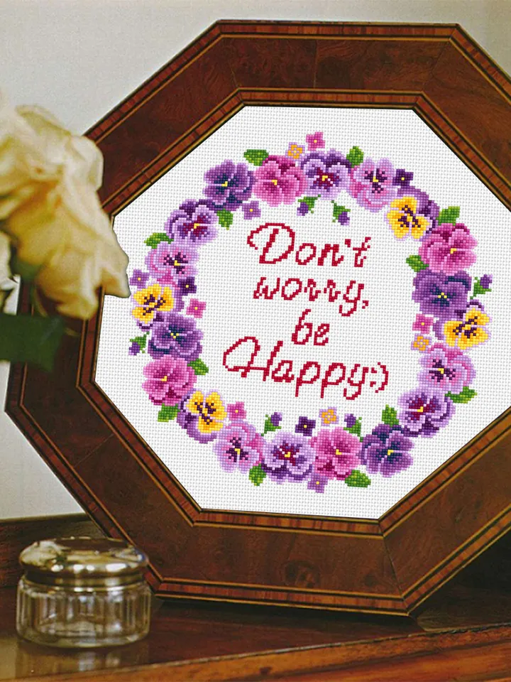 Framed quote cross stitch pattern PDF download Dont worry be happy, Flower wreath cross stitch chart, Floral frame cross stitch, Violet #Q32