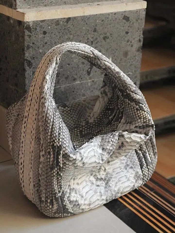 Medium Soft Hobo Classy Sport Woman Stitched Bag | Purse Genuine Python Skin | Dewi Gray Big Elegant Leather Designer Soft Bag Snake |