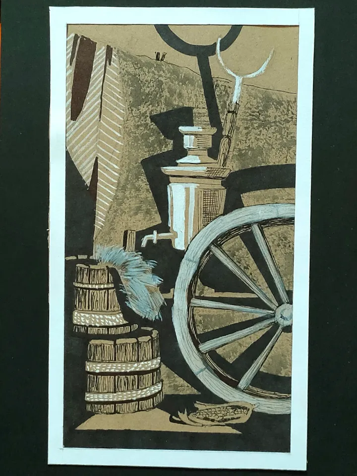 Professional original painting. Still life in a rustic style. Minimalism