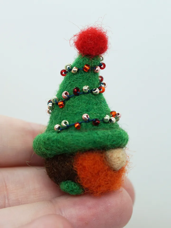 Miniature needle felted gnome, redhead gnome, ginger gnome, Christmas tree gnome, ready to ship from the USA