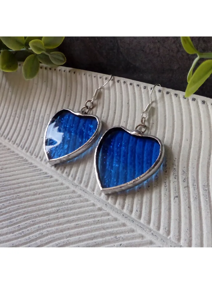 Blue HEART earrings, Stained glass earrings, st Valentine heart earrings, kawaii earrings, Love earrings, Romantic gift