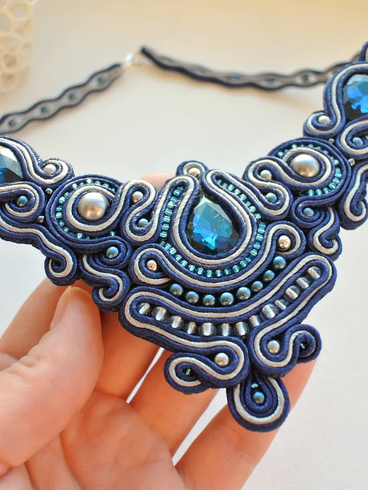 Blue statement necklace, Rhinestone necklace, Soutache embroidered bib necklace