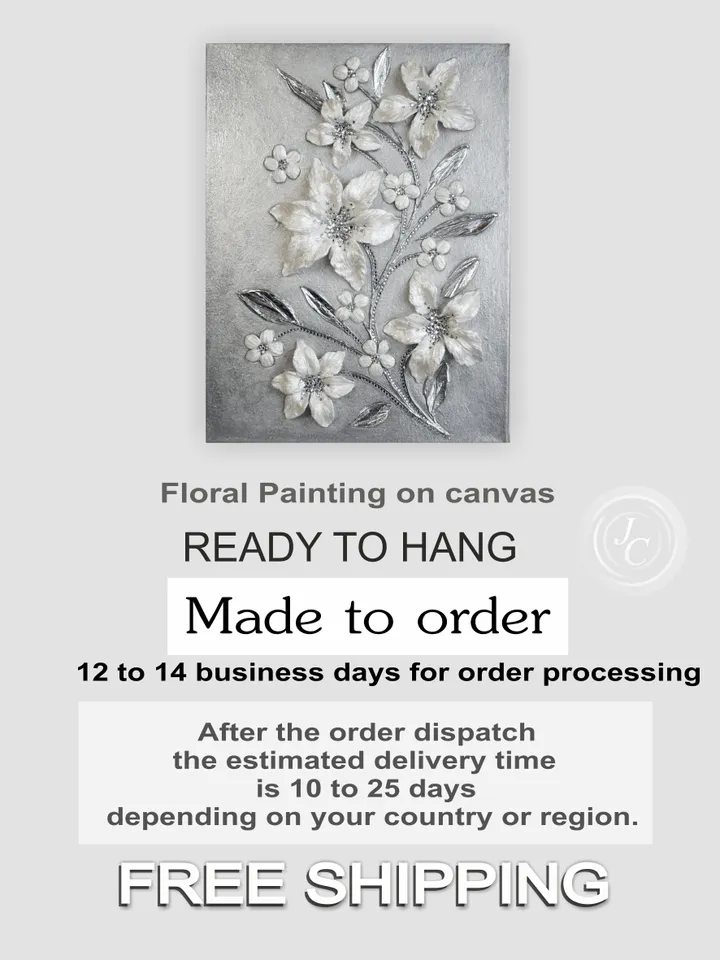 White Pearl Lilies Floral artwork | Silver Glittery Textured Flower Original Painting with Crystal