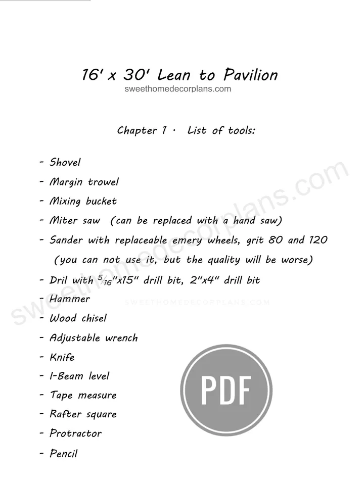 DIY 16 x 30 lean to pavilion plans pdf. Detached carport plans. Wooden covered gazebo outdoor plans. Timber frame backyard garage plans.