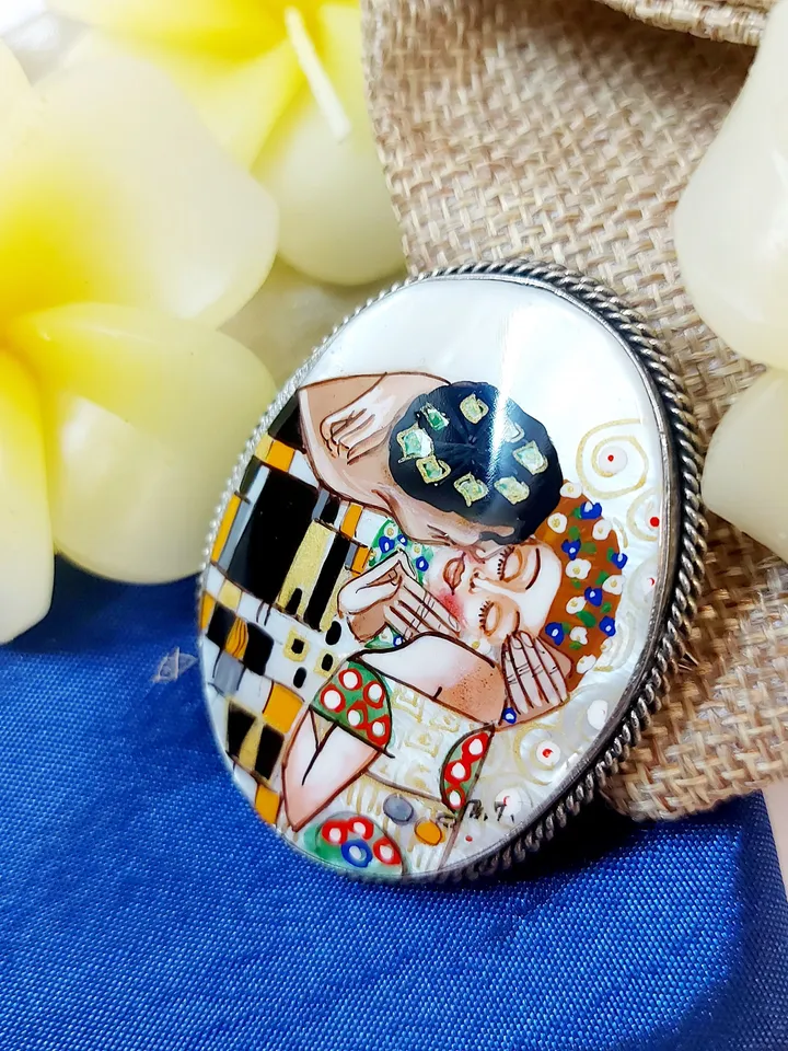 Brooches for women: Gustav Klimt "The Kiss" on handmade pin for dress, original Art Nouveau pins made from mother of pearl shell