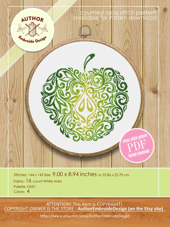 Green apple mandala cross stitch pattern PDF download Fruit cross stitch chart, Apple hand embroidery PDF, Vintage apple ornament #M210