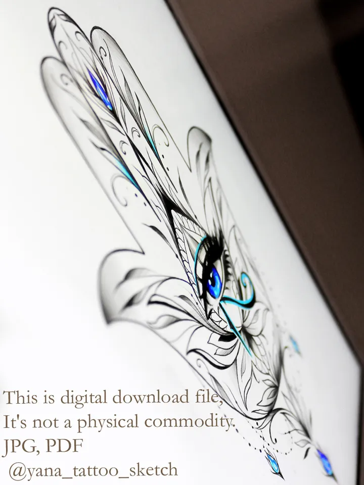 Eye Of Horus Tattoo Design Hamsa Hand With Eye Of Horus Tattoo Stencil Idea Sketch, Instant download PDF, JPG