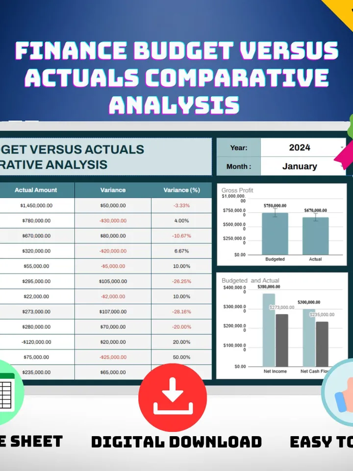 Finance Budget vs Actuals Comparative Analysis Template, Google Sheets, Digital Download for Accurate Financial Tracking