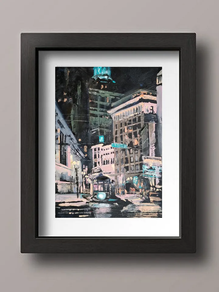 New Orleans painting Cityscape Original Art Night Tram painting Louisiana landscape Night Orleans by Natalia Plotnikova
