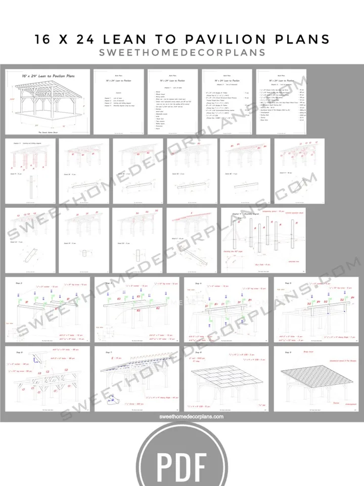 DIY 16 x 24 lean to pavilion plans pdf. Detached carport plans. Wooden covered gazebo outdoor plans. Timber frame backyard garage plans.