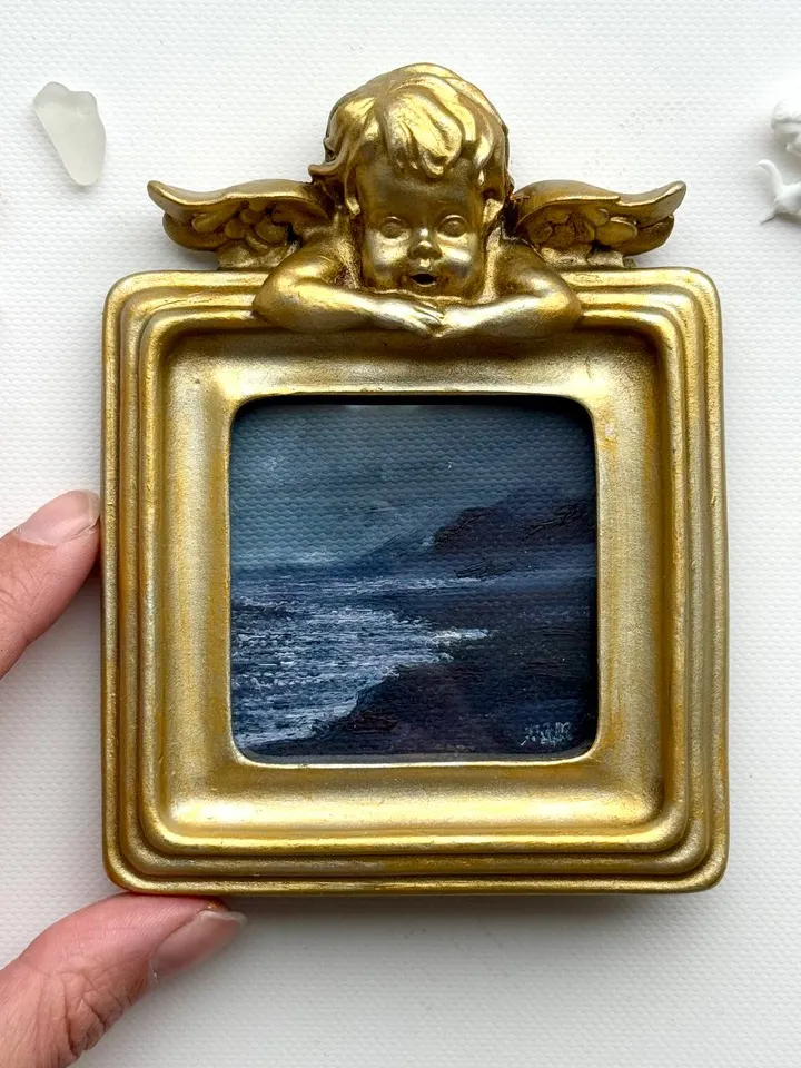Small Landscape Painting Framed Original Foggy Cliff Painting Antique Misty Art Coastal Gold Frame Tiny Paintings 4 x 4 Art Victorian artwork