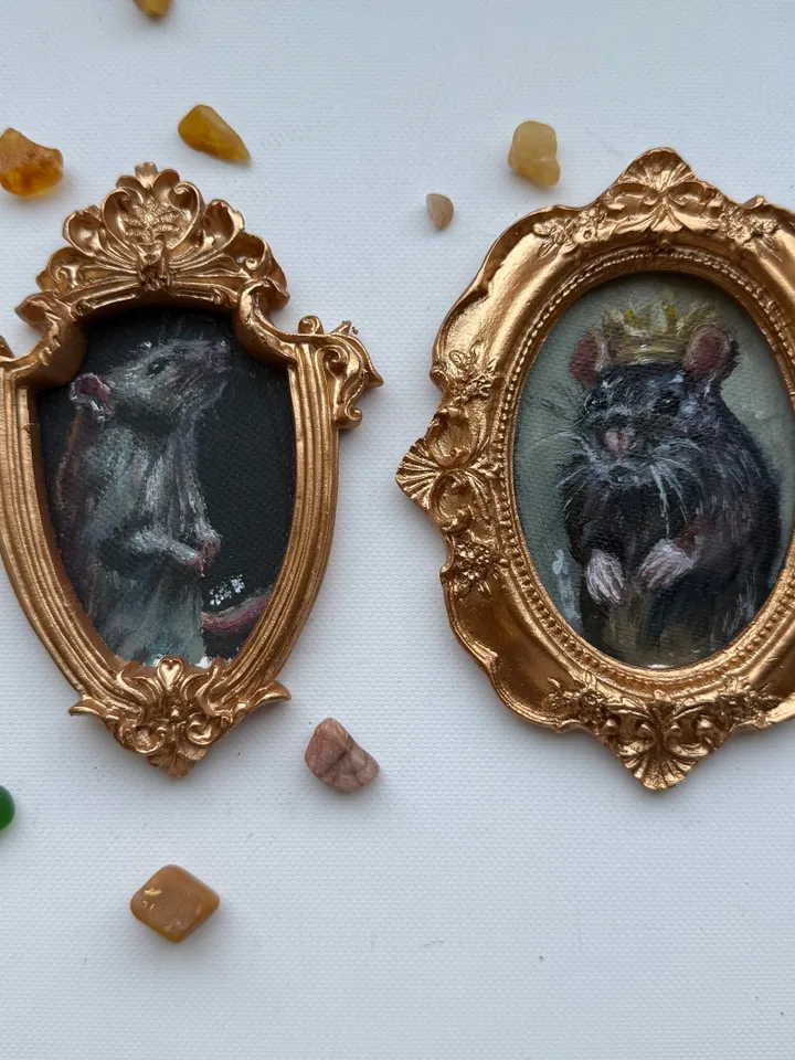 Set of 2 Royal Rats Oil Paintings Original In Vintage Style Frame Small Framed Dark Academia Painting Art Rat Portrait Mice Art Set of 2 Artworks