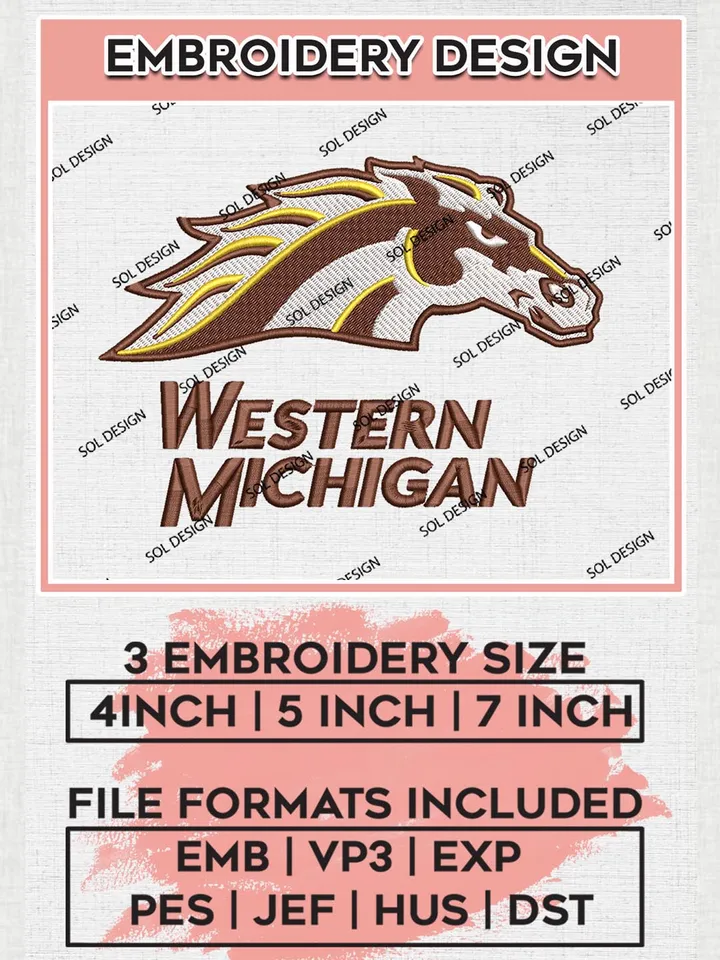 NCAA Western Michigan Team Logo Machine Embroidery Design, NCAA Western Michigan Broncos Team Design Design files, NCAA Team Embroidery Designs, NCAA Machine Embroidery Designs, Digital Download