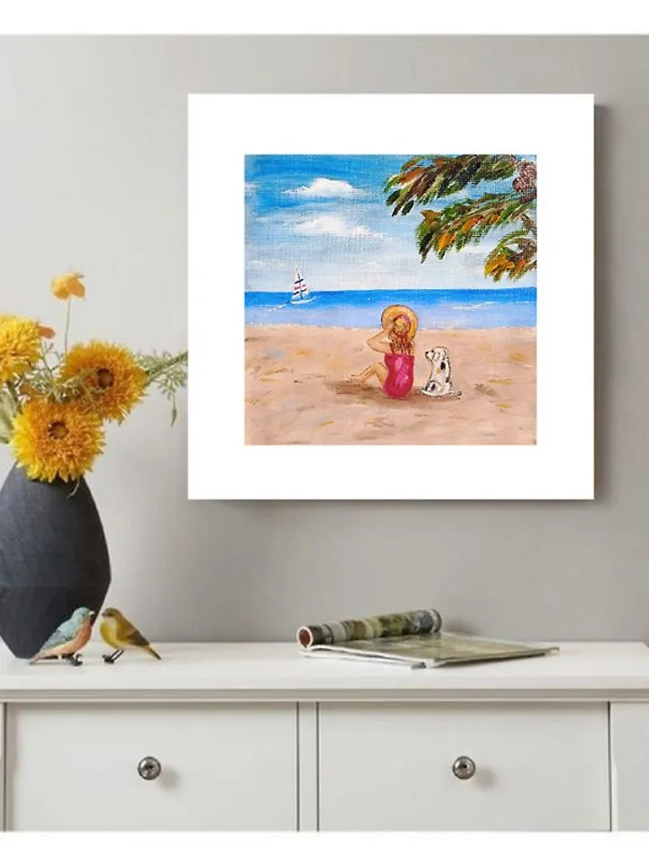 Girl with Dog Seaside Art of the Sea Beach Vacation Original Oil Painting